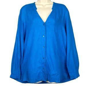 Eileen Fisher Blue 100% Irish‎ Linen Blouse Women’s Sz M Button Down Long Sleeve